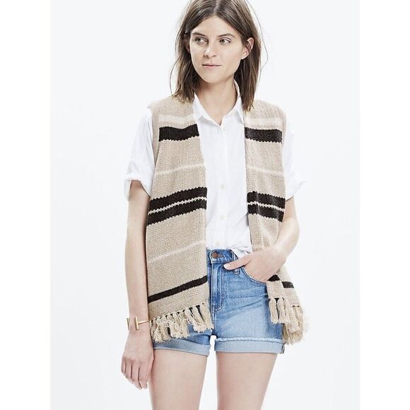 Madewell Coastward Fringe Vest Beige Striped Open Women’s Size S/M Knit Sweater‎ - Picture 2 of 9